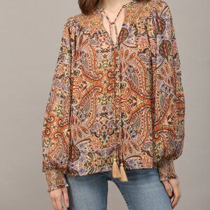 NWT Fate Bohemian Paisley Print Lurex Chiffon Smocked Yoke Blouse In Taupe